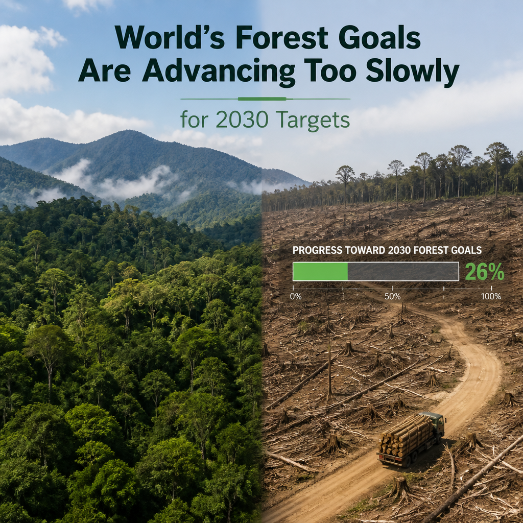 Graphic showing only 26% progress toward 2030 forest goals amid deforestation concerns